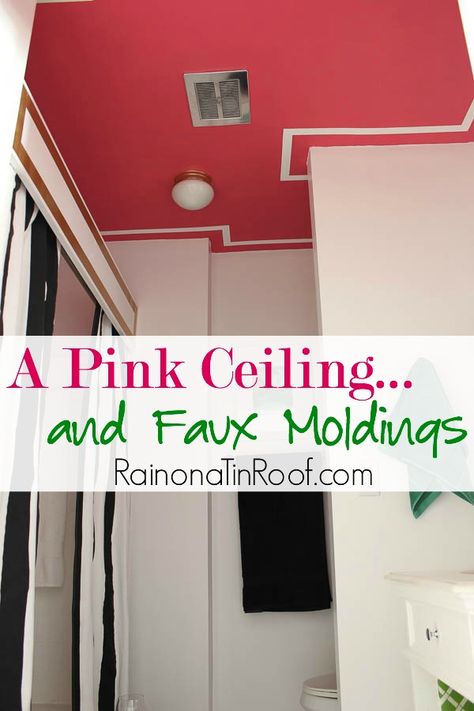 Want some bang for your buck? Try out a fun, bold color on your ceiling. This pink ceiling in my bathroom is the perfect punch of color! Diy Accent Wall Ideas, Diy Accent Walls, Pink Ceiling, Accent Ceiling, Accent Wall Ideas, White Molding, Ceiling Painting, Bathroom Accents, Diy Accent Wall