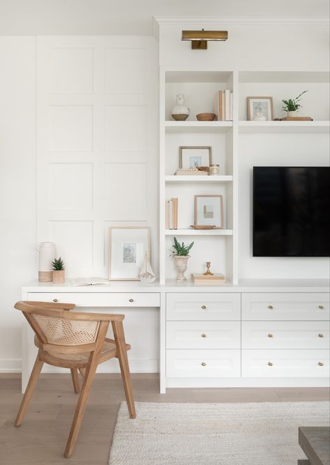 Desk And Tv Built In, Built In Office In Bedroom, Built In With Desk And Tv, Where To Put Desk In Living Room, Fireplace Desk Built In, Blank Vaulted Wall Ideas, Built In Shelving With Desk, Bedroom Tv Wall With Desk, Desk In A Bedroom Ideas