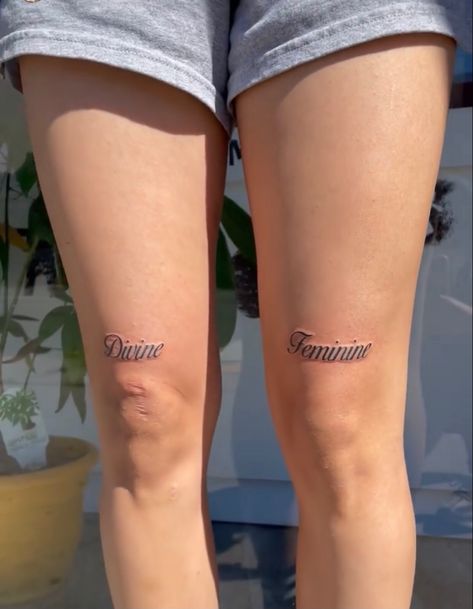 Divine Feminine Tattoo Above Knee, Divine Feminine Knee Tattoo, Pink Matter Tattoo, 16th Wishlist, Feminine Knee Tattoo, Knee Tattoo Words, Divine Feminine Tattoo, Flushing Queens, Stick Tattoo