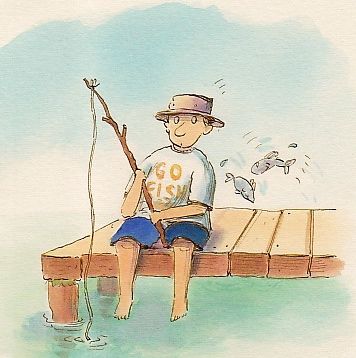 Fishing Village Art, Fishing Cartoon, Village Art, Fishing Art, Art Whimsical, Boy Fishing, Funny Fishing, Children's Art, Fence Ideas