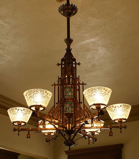 Bradley & Hubbard gas chandelier by gaswizard, via Flickr Library Lamps, Victorian Light Fixtures, Antique Lights, Library Lamp, Chandelier Decorations, Victorian Life, Gas Lamp, Aesthetic Light, Gas Lights