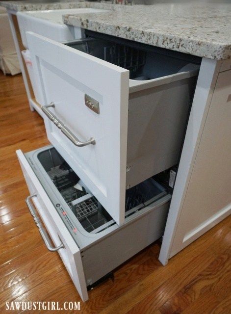 Double drawer dishwasher with custom integrated panels. Kitchen With 2 Dishwashers, Panel Ready Dishwasher Drawer, Dishwasher Drawer Built Ins, Dishwasher Kitchen Ideas, Double Dishwasher Kitchen, Sicily Kitchen, Building Binder, Hidden Dishwasher, Two Drawer Dishwasher