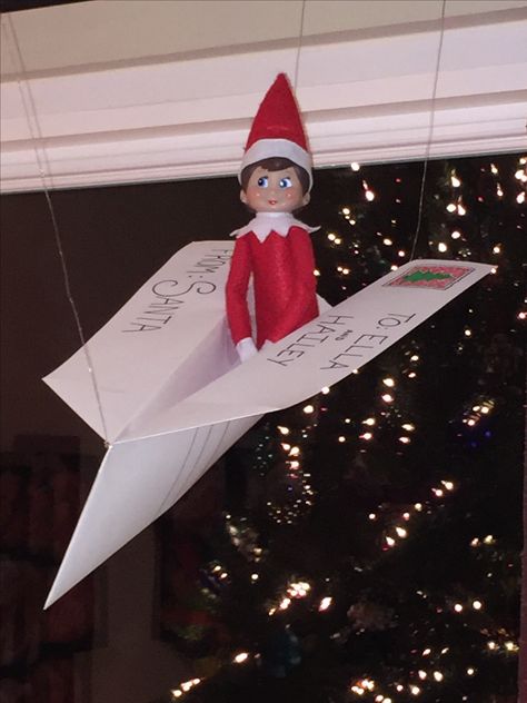 Elf on the shelf day 15!! Jingle Bell arriving via paper airplane (North Pole Express Mail) direct from Santa!! Elf On Shelf Airplane Ideas, Paper Airplane Elf On Shelf, Elf On The Shelf Arriving Ideas, Elf Paper Airplane, Arriving Elf On The Shelf Ideas, Elf Arriving Idea, Elf On The Shelf Paper Airplane, Elf On The Shelf Airplane, Preschool Elves