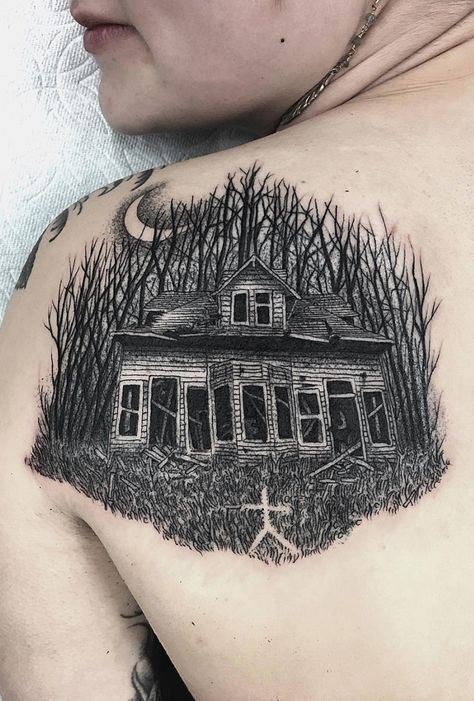 Abandoned Tattoo Ideas, Cabin Tattoo, Ranger Tattoo, Scenic Tattoo, Haunted House Tattoo, Graveyard Tattoo, Firefly Tattoo, Aa Tattoos, House Tattoo