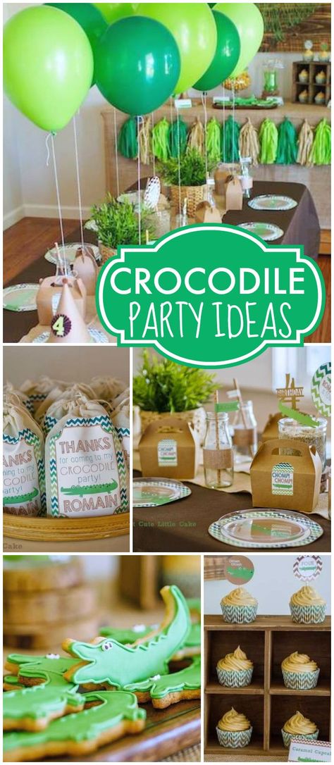 What a cool crocodile birthday party in green and brown! See more party ideas at CatchMyParty.com! Crocodile Theme Party, Crocodile Hunter Birthday Party, Alligator Birthday Party Ideas, Lyle Lyle Crocodile Birthday Party, Crocodile Themed Birthday Party, Alligator Party Ideas, Crocodile Party Ideas, Crocodile Birthday Party, Croc Party