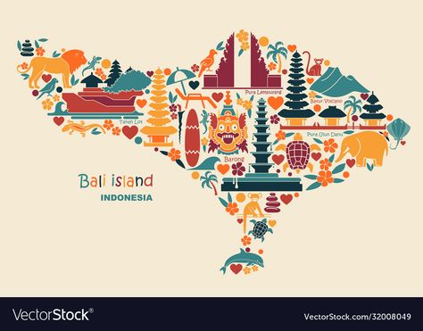 Bali Map Illustration, Bali Symbols, Map Of Bali, Bali Icon, Motif Henna, Souvenir Bags, Bali Map, Barong Bali, Travel Doodles