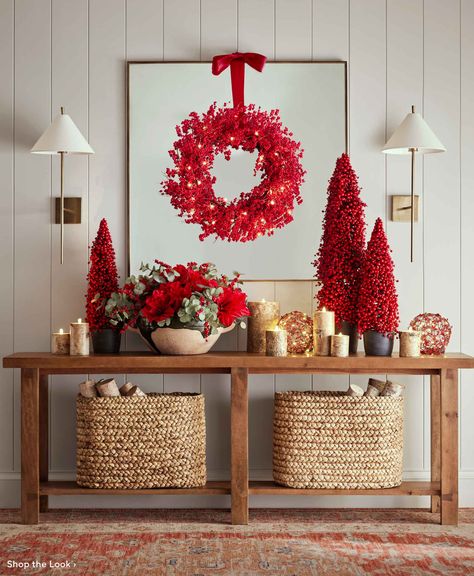 Christmas Decor Trends, Red Berry Wreath, Holiday Lookbook, Wreath Garland, Cone Trees, Beautiful Houses Interior, Berry Wreath, Christmas Bedroom, Wreaths & Garlands