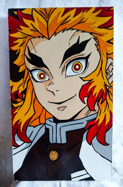 Rengoku Painting Easy, Rengoku Acrylic Painting, Demon Slayer Acrylic Painting, Rengoku Painting, Green Aesthetic Outfit, Anime Canvas Painting, Anime Printables, Anime Canvas Art, Cartoon Painting