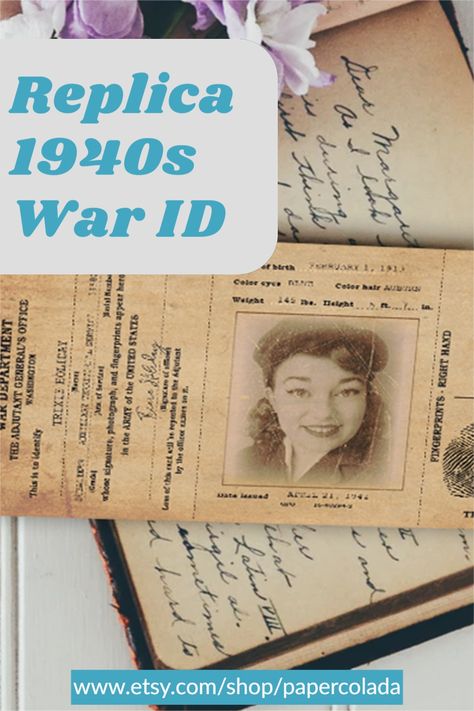 WW2 Reproduction War Department ID, 1940s Replica Identification Card (I.D Card), Printable Vintage Reenactment Passport, Murder Mystery Props, 1940s War ID, 1940s Wedding, 1940s Birthday Decorations, 1940s Party Props 1940 Theme Party Ideas, 1940s Party Theme Decor, 1940s Birthday Party Theme, 1940s Party Decorations, 1940s Theme Party, 1940s Invitations, 1940s Wedding Theme, Wedding Table Planner, 1940s Party