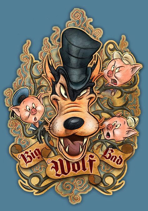 Bad Wolf Tattoo, Cartoon Wolf Drawing, Wolf Cartoon, Rockabilly Art, The Big Bad Wolf, Cartoon Tattoo, Arte Nerd, Wish Upon A Star, Wolf Drawing