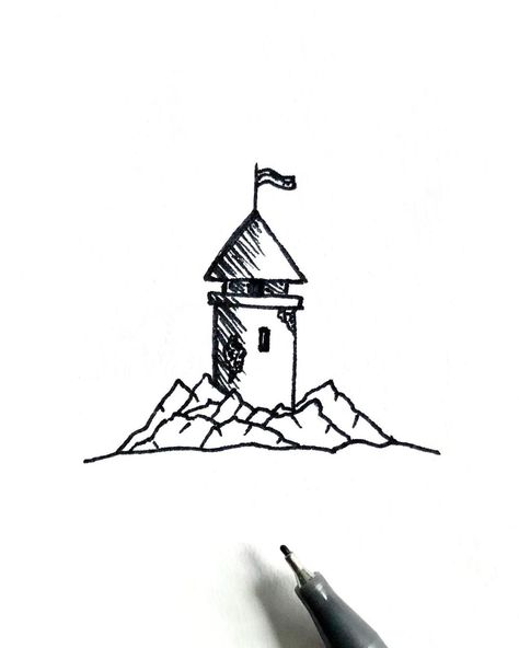 Doodle Landscape, Tower Drawing Easy, Tower Drawing, Castle Tower Tattoo, Castle Tower Drawing, Small Castle Drawing, Simple Castle Drawing, Castle Drawings Medieval, Castle Illustration Simple