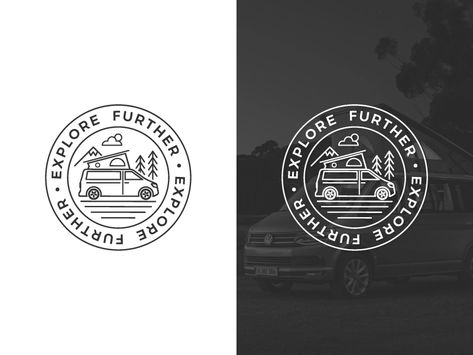 Minimalist logo badge design for Explore Further: a blog sharing travel and photo stories about traveling with a camper van in Europe.Hope you like it! Feedback welcomed :) Camper Logo Design, Camper Logo, Forest Logo, Vintage Camper Interior, Logos Inspiration, Vans Logo, Geometric Logo, Travel Logo, Logo Badge