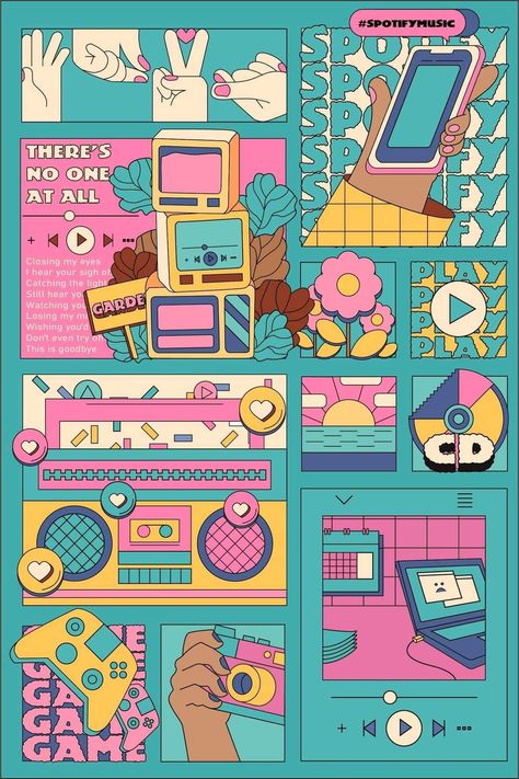 Grunge Illustration Graphic Design, Neobrutalism Graphic Design, Bedroom Isometric, Nostalgia Graphic Design, Good Graphic Design, In Airport, Illustration Collage, Illustration Series, Pop Illustration