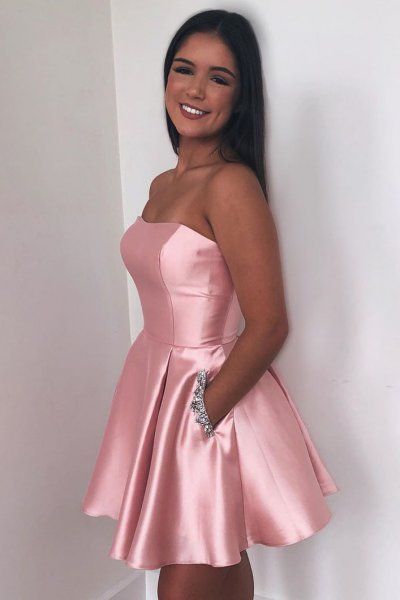 Strapless Pink Rhinestones Cocktail Dress 2022 with Pockets Satin Simple Formal Party Gowns Ball Sweet 16 Dresses Short, Pink Homecoming Dresses, Grad Dresses Short, Hoco Dresses Long, Chic Evening Dress, Dresses Flowy, Pink Dress Short, Cute Homecoming Dresses, Hoco Dresses Short