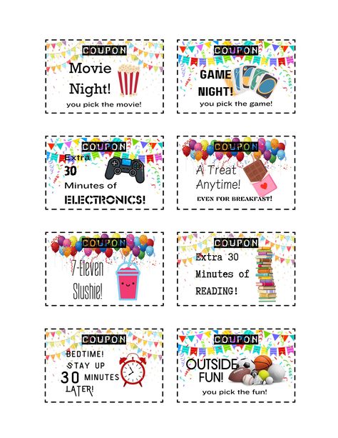 PRINTABLE fun Happy Birthday or Reward Coupons to give to your kid! These would be great for kids 12 and under. Just print and cut! Print on regular paper or cardstock paper. This includes one sheet of coupons. It's available as a PDF for instant download. Please note that these coupons are NOT editable. Family Coupons, Kids Coupons, Coupons For Kids, Fun Happy Birthday, Foster Kids, Birthday Rewards, Daycare Room, Kids Rewards, Cheer Up Gifts