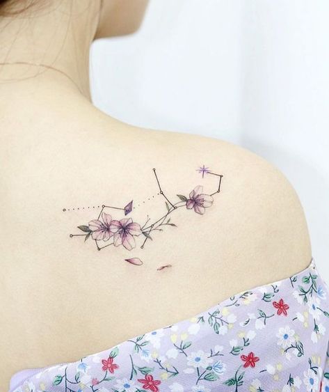 Floral Virgo constellation tattoo on the shoulder Hamster Tattoo, Minimalist Symbols, Virgo Tattoo Designs, Virgo Constellation Tattoo, Amazing Craft Ideas, Sagittarius Tattoo, Virgo Constellation, Virgo Tattoo, Zodiac Tattoos