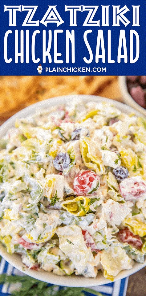 Chicken Salad With Pepperoncini, Homemade Chicken Salad Recipe, Tzatziki Chicken Salad, Tzatziki Chicken, Homemade Tzatziki Sauce, Tortilla Wrap, Homemade Tzatziki, Romaine Salad, Salad Chicken