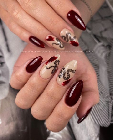 Lunar New Year Nails Snake, Year Of The Snake Nails, Halloween Snake Nails, Nails With Snake, Snake Nails, Year Of The Snake, Burgundy Nails, Snake Design, New Year's Nails