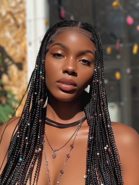 Discover Trendy Knotless Braids with Beads Styles Braids With Jewels Black Women, Box Braid Beads, Knotless Braids With Beads Styles, Box Braids Beads, Braids With Beads Styles, Knotless Braids With Beads, Braid Extensions, Unique Braids, French Braid Hairstyles