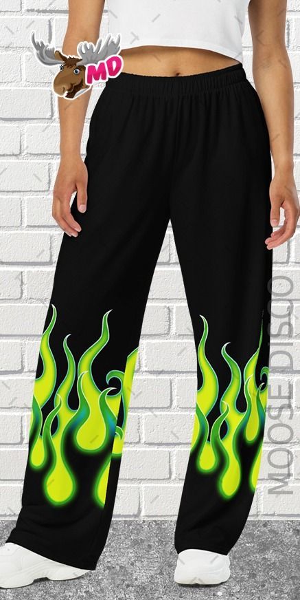 Striking Fire Flame Pants, Flame Leggings, Flame Trousers, Hippie Boho Festival Flames Wide-Leg Pants Flame Pants, Glow Costume, Green Flames, Printed Denim Pants, Boho Yellow, Painted Shorts, Painted Clothes Diy, Cyberpunk Clothes, Fire Flame