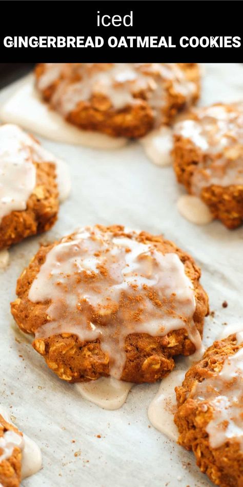 These iced gingerbread oatmeal cookies combine the perfect texture of soft and chewy oatmeal cookies with the warm spice flavor of gingerbread. They’re a delicious sweet treat that deserves a prime spot on your holiday dessert table. Gingerbread Oatmeal Cookies, Gingerbread Cookies Easy, Eggnog Milkshake, Eggnog Shake, Gingerbread Oatmeal, Iced Gingerbread, Chewy Oatmeal Cookies, Holiday Eggnog, Holiday Desserts Table