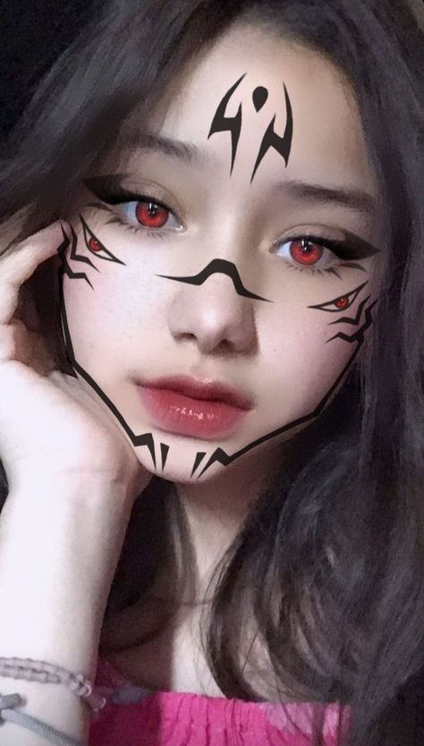 Sukuna Girl Cosplay, Easy Cosplay Ideas Women Anime, Sukuna Costume, Easy Costume Makeup, Sukuna Makeup, Makeup For Downturned Eyes, Easy Cosplay Ideas, Zombie Halloween Costumes, Vampire Bride