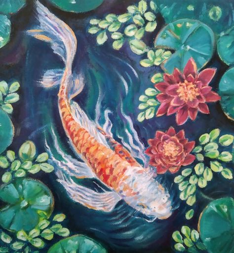 Koi carp, oil painting, Lotus blossoms on pond Koi Pond Painting, Koi Pond Art, Pond Art, Painting Lotus, Pond Painting, Lotus Painting, Koi Carp, Art Study, Lotus Blossom