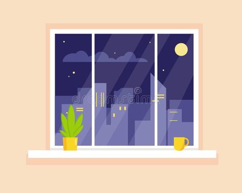 Window Vector Illustration, Flat Illustration City, City View Illustration, Window View Drawing, Window View Illustration, Night City View, Illustration Window, Window Vector, Adobe Illustrator Art