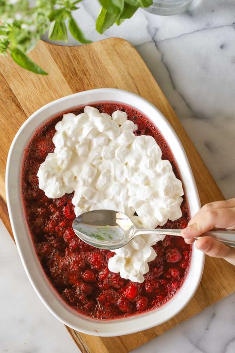 This Raspberry Jello Salad could not be easier to make, and it looks so beautifully bright and festive on a holiday table. Easter Jello, Raspberry Jello Salad, Fluff Salads, Jelly Salad, Raspberry Jello, Jello With Fruit, Pomegranate Jelly, Raspberry Salad, Jello Salads