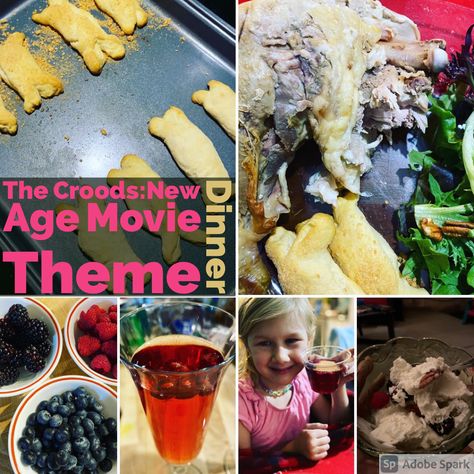 Movie themed dinner night including drinks and dessert for The Croods:New Age Movie Meals, Disney Movie Night Menu, Themed Meals, Movie Dinner, Movie Food, Movie Night Dinner, Movie Night Theme, The Croods, Movie Night Food