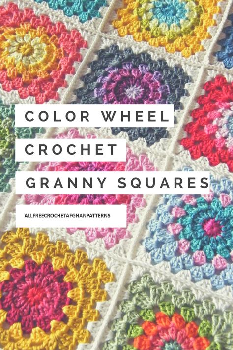 We love these Color Wheel Crochet Granny Squares! The color palette for these crochet granny squares is so perfect. Wheel Crochet, Crochet Granny Squares, Crochet Flower Pattern, Granny Square Haken, Crochet Granny Square Blanket, Crochet Blocks, Haken Baby, Granny Square Blanket, Square Blanket