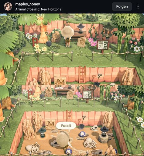 Animal Crossing Fruit Orchard Layout, Acnh Fossil Display, Fossil Ideas, Cottage Core Animal Crossing, Cottagecore Ideas, Cottagecore Animal Crossing, Island Theme, Animal Crossing Villagers, Fantasy Background