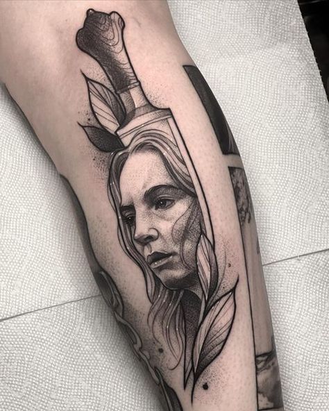 Jodie Comer Tattoo, Jodie Comer Drawing, Villanelle Wallpaper Iphone, Killing Eve Tattoo, Killing Eve Wallpaper, Eve Tattoo, Vilanelle And Eve, Eve Art, Witch Tattoo