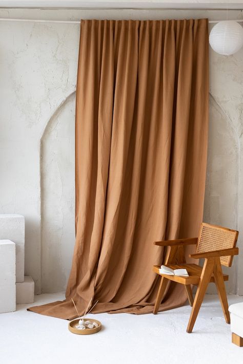 Upgrade your home with these extra-long 107-inch cacao linen curtains. Perfect for adding a touch of elegance, these wide and stylish drapes come in various colors and can be customized to fit any window. Ideal for living rooms, bedrooms, and more! Brown Bedroom Curtains, Rust Colored Curtains, Earth Tone Curtains, Brown Curtains Bedroom, Tan Curtains, Coral Curtains, African Interior Design, Thick Curtains, Dining Room Curtains