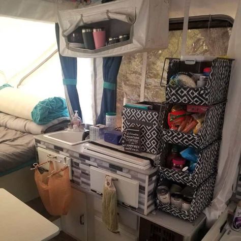 Pop Up Trailer Storage Ideas, Tent Trailer Storage Ideas, Pop Up Camper Hacks Storage Ideas, Tent Trailer Organization, Camper Clothes Storage, Tent Trailer Remodel Diy, Tent Trailer Hacks, Pop Up Camper Storage Ideas, Pop Up Camper Organization