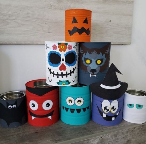 Coffee Can Halloween Ideas, Tin Can Crafts Diy Halloween, Halloween Tin Can Crafts, Tin Can Halloween Crafts, Tin Can Crafts Diy Upcycle, Tin Can Halloween, Halloween Riddles, Halloween Breakfast, Halloween Art Projects