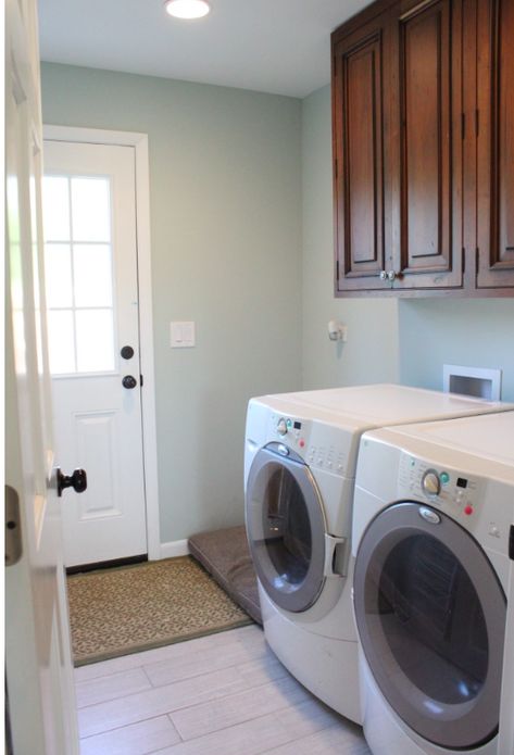 Sherwin Williams Sea Salt Sea Salt Paint, Sherwin Williams Sea Salt, Boy Bathroom, Laundry Room Paint Color, Laundry Room Paint, Grey Laundry Rooms, Laundry Room Colors, Sea Salt Sherwin Williams, Office Paint Colors