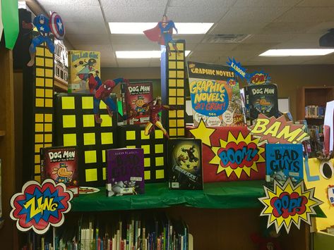 Graphic Novel Display For Library, Graphic Novel Library Display, Graphic Novel Display, National Comic Book Day, Comic Display, Comic Book Display, School Library Book Displays, School Book Fair, School Library Decor