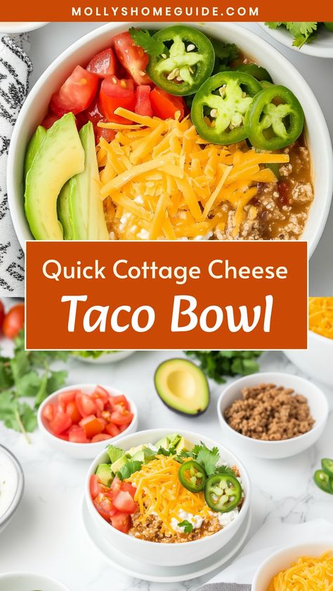 Looking for a quick and delicious meal idea? Try this Cottage Cheese Taco Bowl recipe! Packed with protein and flavor, this bowl is perfect for lunch or dinner. Simply combine cottage cheese with your favorite taco toppings like salsa, avocado, black beans, and corn. Customize it to your liking by adding some cilantro or jalapenos for an extra kick. It's a healthy and satisfying option that is easy to make in just a few minutes.

Ingredients
1/2 cup low-fat cottage cheese
1/2 cup cooked taco mea Weight Watcher Taco Bowl, Taco Bowl With Cottage Cheese, Cottage Cheese Dinner Bowl, What To Mix With Cottage Cheese, Taco Meat And Cottage Cheese, Cottage Cheese Tacos, Chicken Parmesan Cottage Cheese Bowl, Cottage Cheese Weight Watchers Recipes, Cottage Cheese Lasagna Bowl