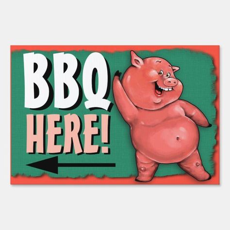 BBQ. Barbecue. Pig roast. Party. Customizable Yard Sign - Barbecue Pig Roast Party, Bbq Pig, Bbq Signs, Outdoor Barbeque, Pig Character, Fun Party Ideas, Pig Roast, Pig Cartoon, Window Signs