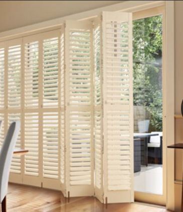 Interior Shutters Living Room, Sliding Glass Door Shutters, Wooden Shutter Blinds, Sliding Door Shutters, Large Windows Living Room, Sliding Glass Door Blinds, Blinds For Bifold Doors, Large Shutters, Door Shutters