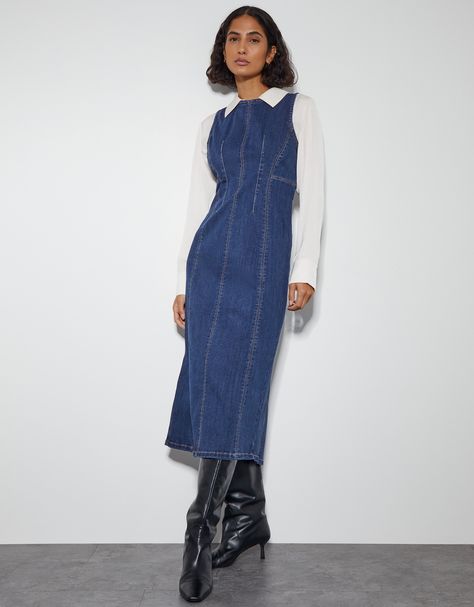 Jean-ius transitional piece. Perfect for showing off throughout the seasons, this denim dress is a timeless number you can love and wear forever. Boasting a structured, sleeveless silhouette that falls to a midi length, style on its own or layer with crisp cotton shirts. Blue