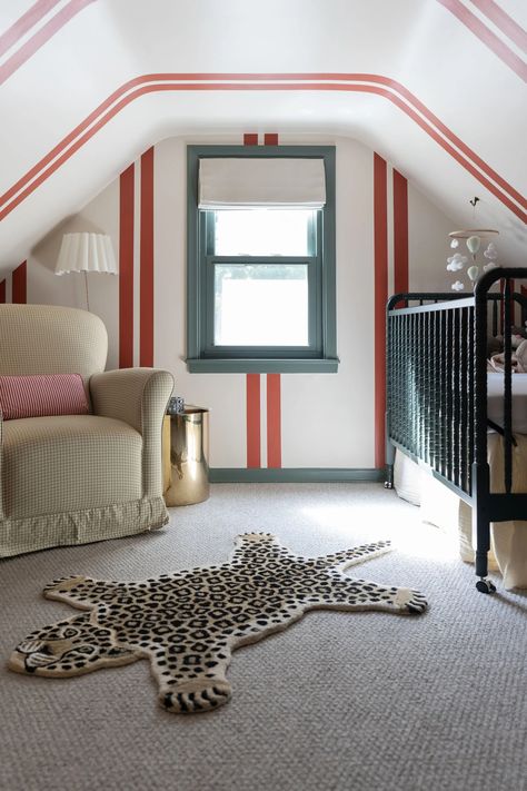 Bold Nursery, Gender Neutral Nursery Colors, Charming Nursery, Red Nursery, Striped Nursery, Funky Accessories, Unique Nursery, Striped Walls, Brass Side Table