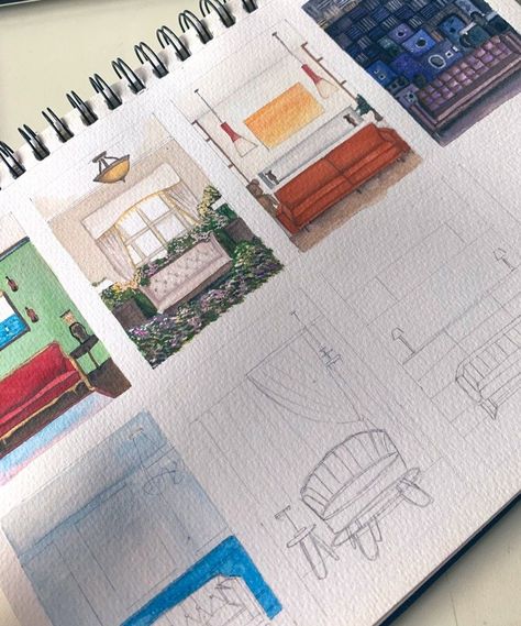 Interior Design Sketchbook, Architecture Drawing Sketchbooks, Furniture Design Sketches, Interior Design Student, Architecture Drawing Plan, Architectural Sketches, Interior Design Renderings, Interior Architecture Drawing, Interior Design Drawings