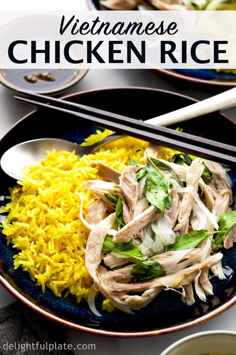 Vietnamese Chicken Rice is a signature dish of Hoi An, a small ancient town in Central Vietnam. It features shredded chicken tossed with Vietnamese coriander, onions, and lime juice dressing. The chicken salad is then served with turmeric rice cooked directly in chicken stock. So tasty and refreshing! #chickenrice #vietnameserecipes #asianrecipes #chickenrecipes Vietnamese Coriander, Turmeric Rice, Vietnamese Chicken, Chicken Rice Recipes, Homemade Chicken Stock, Easy Asian Recipes, Asian Chicken, Stuffed Whole Chicken, Signature Dishes