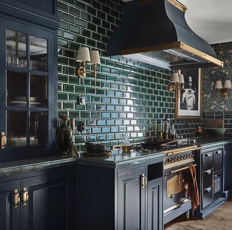 I don’t know if it’s because I’m getting old or what but I am seriously into darker spaces. I used to crave light and bright (and still do… | Instagram Officine Gullo, Gothic Kitchen, Green Tiles, Beautiful Kitchen Designs, Dark Home Decor, Dark Home, Blue Cabinets, Dark Cabinets, Gothic House