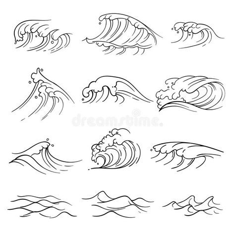 Ocean Wave Drawing, Waves Sketch, Wellen Tattoo, Waves Symbol, Ocean Drawing, Wave Drawing, Sea Storm, Waves Vector, Waves Line