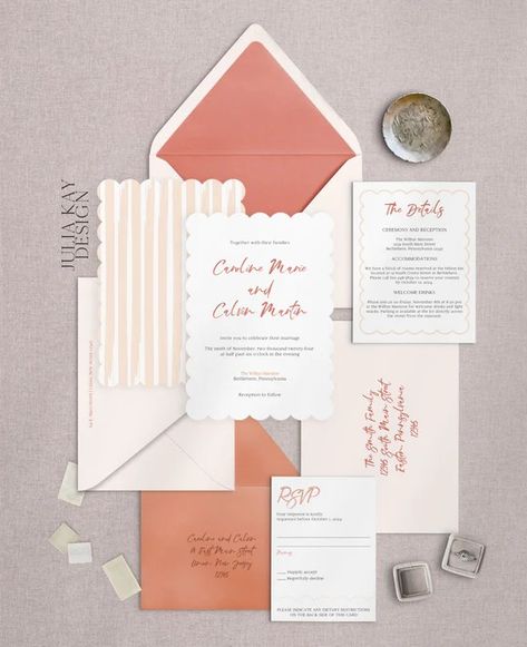 Invitation Shop – Julia Kay Design Toffee Wedding, Terracotta Color Scheme, Printed Wedding Invitations, Illustrated Invitations, Scalloped Design, Terracotta Color, Calligraphy Envelope, Welcome Drink, Printing Wedding Invitations