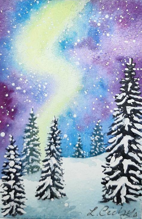 Northern Lights Christmas, Northern Lights Watercolor, Watercolour Christmas Cards, Watercolour Christmas, Watercolour Card, Christmas Landscape, Snowy Christmas, Winter Watercolor, Watercolor Christmas Cards