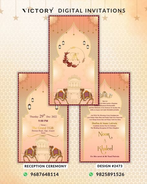 Order Now: Call / WhatsApp: +91 9687648114 / +91 9825891526 Wedding ceremony invitation card of hindu gujarati marwari family in English language with Arch theme design 2473 The Arch Theme of the Hindu Gujarati digital invitation card for a wedding ceremony is in orange background color. This e-invite card is perfectly suitable for the marwari family and it's available in the English language. It includes elements such as a red border, couple logo, lantern, mandala, star, camel, Chandelie... Lantern Mandala, Couple Logo, Mandala Star, Ceremony Invitation Card, Digital Invitation Card, Wedding Ceremony Invitations, Ceremony Invitation, Invite Card, E Invite